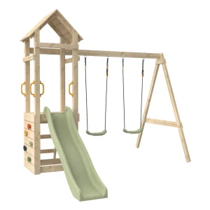 Playset with platform, 240 cm slide, 2 swings, and climbing wall
