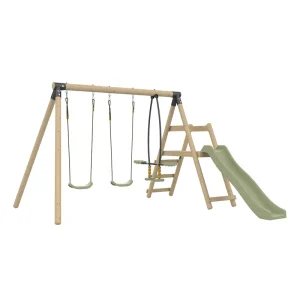 Set Leagan triplu copii Tp Toys Ajonc multiplay din lemn masiv rotund, set cu 3 leagane si topogan 175 cm incluse