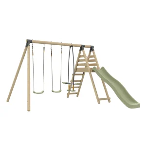 Set Leagan triplu copii Tp Toys Barbouzet din lemn masiv rotund, set cu 3 leagane si topogan 220 cm incluse